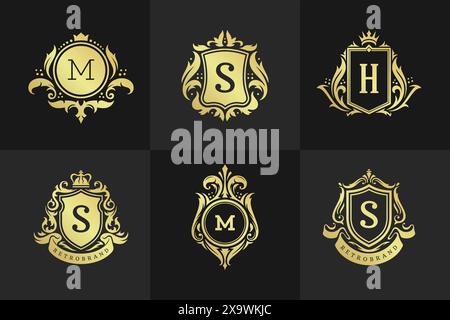 Luxury ornaments logos and monograms crest design templates set vector illustration. Royal emblems vintage vignette ornate elements. Stock Vector