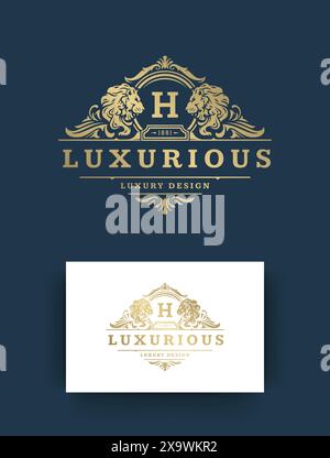 Luxury logo monogram template design vector illustration. Royal monogram crest brand vintage floral vignette ornaments. Lions heads silhouettes. Stock Vector