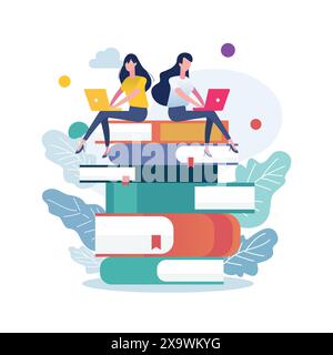 Two women in casual clothes working on laptop computer while sitting on books. Flat style vector illustration. Stock Vector