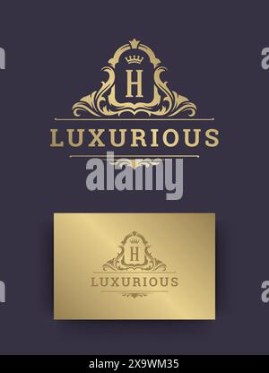Luxury logo monogram crest template design vector illustration. Royal brand vintage vignette ornaments. Stock Vector
