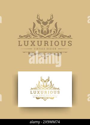 Luxury logo template design vector illustration. Royal monogram crest brand vintage vignette ornaments. Deer head silhouette. Stock Vector