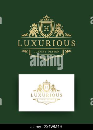 Luxury logo monogram template design vector illustration. Royal monogram crest brand vintage floral vignette ornaments. Lions heads silhouettes. Stock Vector