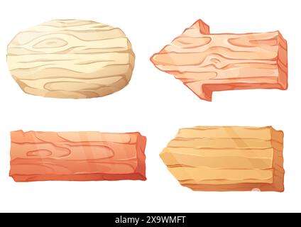 Wood sign board cartoon vector. Old wooden banner frame with timber texture. Game signboard piece isolated graphic for menu ui set. Oval label for far Stock Vector