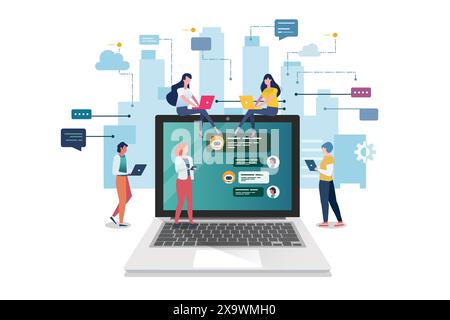 Social network web site surfing concept. Global Business Concept. Teamwork Cooperation with Business People Characters. Online Education. Vector illus Stock Vector