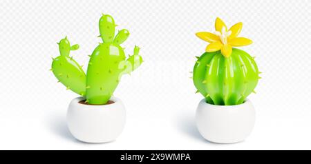 3d cactus with flower in pot render illustration. Cute plastic flowerpot icon indoor design. Isolated realistic houseplant interior decoration for off Stock Vector