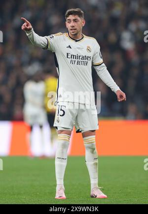 London, UK. 01st June, 2024. Real Madrid midfielder Federico Valverde (15) gestures during the Borussia Dortmund v Real Madrid UEFA Champions League Final at Wembley Stadium, London, England, United Kingdom on 1 June 2024 Credit: Every Second Media/Alamy Live News Stock Photo