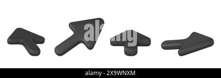 3D mouse cursors set isolated on white background. Vector realistic illustration of black arrow pointer signs showing different directions, computer s Stock Vector