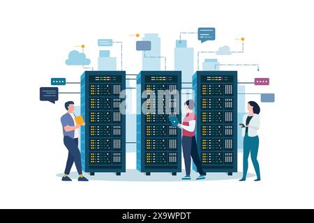 Technician works in server room racks. Cloud system concept. data center. data storage. cloud storage. computing technology flat illustration. Stock Vector