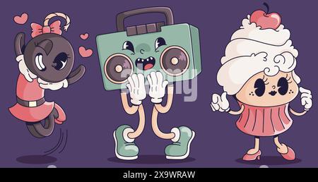 Retro cartoon characters collection of musical boombox, bomb and cupcake. Vector illustration vintage groovy mascot. Abstract funny personage of music Stock Vector