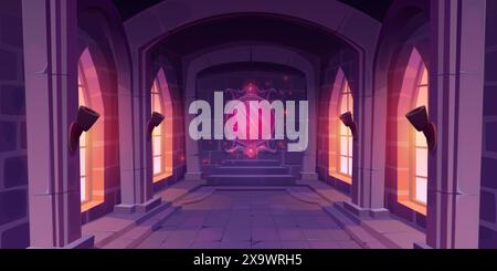 Magic mirror with pink glow and sparkles hanging on wall of castle hall with big windows and torches. Cartoon vector medieval hallway with fantasy mys Stock Vector
