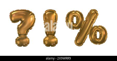 Golden air balloon symbols set isolated on white background. Vector realistic illustration of inflatable yellow foil question mark, exclamation and pe Stock Vector