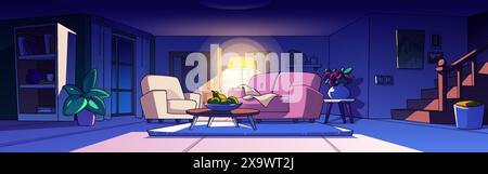 Night home room interior with pink sofa cartoon background. House livingroom inside with staircase and modern furniture front view. Couch and armchair Stock Vector