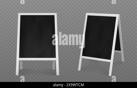 3d advertising sandwich board. Sign frame stand mockup. Easel billboard for street menu on sidewalk bear cafe. Outside restaurant black ad banner or p Stock Vector