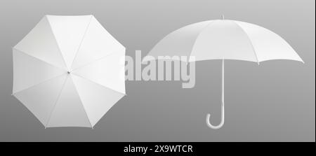 White 3d isolated blank umbrella mockup vector. Realistic parasol with handle mock up for branding and advertising set. Rain weather season fashion. V Stock Vector