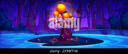 Dark night forest with lake and magic fantasy neon glowing yellow and orange tree and flowers on island. Cartoon vector illustration of fantastic ench Stock Vector