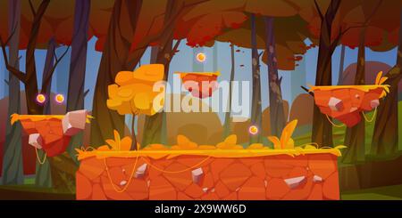 Game level map with flying ground platform for run and jump gameplay. Cartoon vector illustration of autumn forest with soil and stone floating island Stock Vector