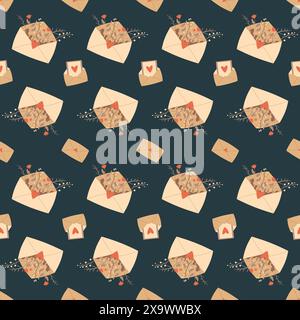 Envelope with flowers and heart shapes seamless pattern. Message, letter, email endless background. Love symbols repeat cover. Romantic memory loop or Stock Vector