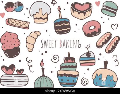 Cute line set of sweet pastries, vector graphics Stock Vector