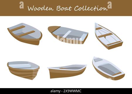 wooden boat collection. wooden boat in different poses. Vector illustration. Stock Vector