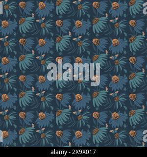 Dark wildflowers seamless pattern. Floral endless background. Night flower repeat ornament. Vector hand drawn illustration. Stock Vector