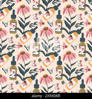 Coneflowers and essential oil seamless pattern. Floral echinacea endless background. Natural cosmetic and herbal therapy mood. Vector flat hand drawn Stock Vector