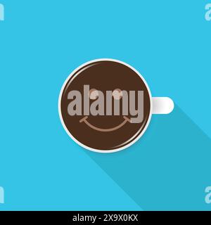 Smiling face icon in coffee cup on blue background Stock Vector