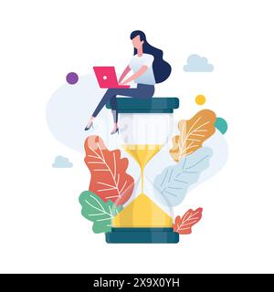 Woman sitting on an hourglass and working on laptop. Deadline and time management concept. Flat style vector illustration. Stock Vector
