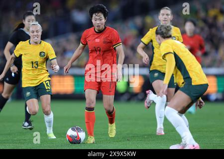 Sydney, Australia. 03rd June, 2024. Chengshu Wu of China attacks during the Women's Friendly match between CommBank Matildas (Australia Women) and China PR Women at the Accor Stadium, Sydney, Australia on 3 June 2024. Photo by Peter Dovgan. Editorial use only, license required for commercial use. No use in betting, games or a single club/league/player publications. Credit: UK Sports Pics Ltd/Alamy Live News Stock Photo