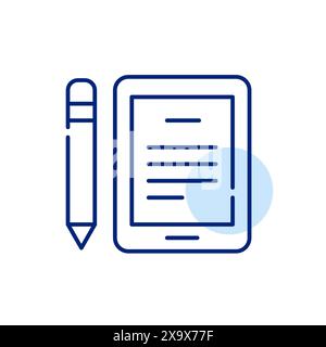 Electronic tablet and pencil with text on it. Digital writing and taking notes. Pixel perfect, editable stroke icon Stock Vector