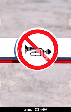 Sound signals are prohibited, Ban honking. No loud sound. Road sign, close up Stock Photo