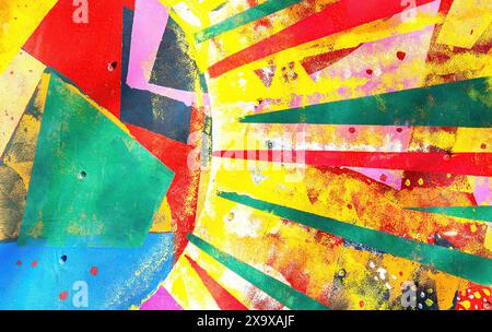 Old metal sheet with colored paints and corrosion as creative texture. Abstract multicolored background of metal surface covered paints Stock Photo