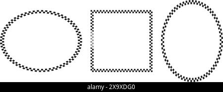 Oval, square and circle frames with checkered print. Elliptic, rectangular and round vignettes with checkerboard, rally flag or chess game pattern Stock Vector