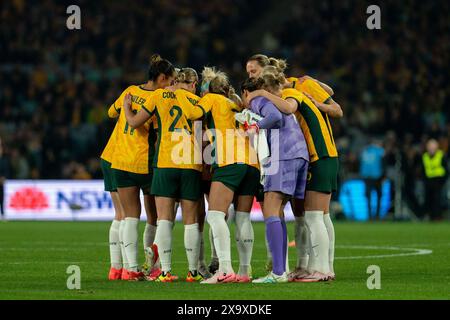 Sydney, Australia. 03rd June, 2024. Sydney, Australia, June 3rd 2024: Players of Australia huddle up during the international friendly game between Australia and China PR at Accor Stadium in Sydney, Australia. (Noe Llamas/SPP) Credit: SPP Sport Press Photo. /Alamy Live News Stock Photo