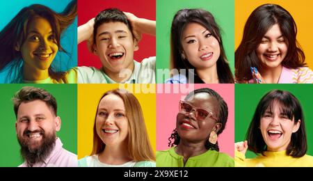 Collage of group of smiling people together symbolizing connection contacting multiracial society against vibrant studio background. Stock Photo