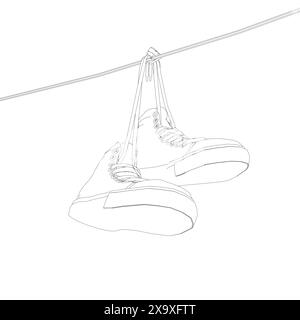 Contour Sneakers hanging from a rope on the white background. Vector illustration. Stock Vector