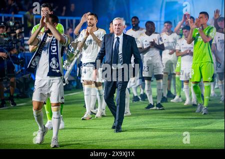 Madrid, Madrid, Spain. 2nd June, 2024. Carlo Ancelotti, coach of Real Madrid, seen walking with his players at Santiago Bernabeu Stadium during Real Madrid UEFA Champions League Trophy Parade on June 2, 2024 in Madrid, Spain. (Credit Image: © Alberto Gardin/ZUMA Press Wire) EDITORIAL USAGE ONLY! Not for Commercial USAGE! Stock Photo