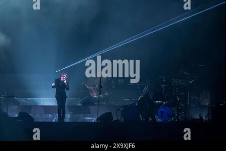 Frontman and vocalist of famous British band Pulp Jarvis Cocker performing live at the Latitude Festival in Henham Park in Suffolk. Stock Photo