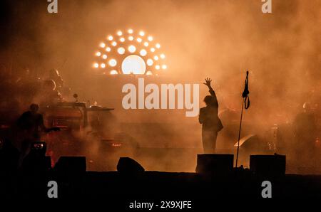 Frontman and vocalist of famous British band Pulp Jarvis Cocker performing live at the Latitude Festival in Henham Park in Suffolk. Stock Photo