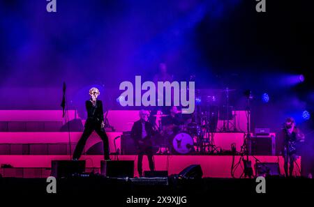 Frontman and vocalist of famous British band Pulp Jarvis Cocker performing live at the Latitude Festival in Henham Park in Suffolk. Stock Photo