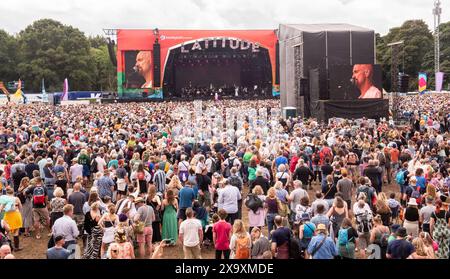 Tim Booth and his band James playing an orchestral and choral set live at the Latitude Festival in Henham Park in Suffolk. Stock Photo