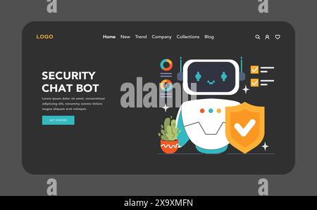 Security Chat Bot dark or night mode web, landing. Digital guardian bot with protective shield, data safety and cyber protection. Enhanced online security. Flat vector illustration Stock Vector