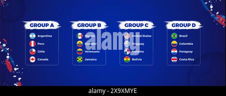 Soccer Tournament Groups with Team Flags and Country Names on Blue Background. Vector illustration. Stock Vector