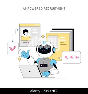 AI-Powered Recruitment concept. Robot analyzing candidate profiles for hiring. Automation in talent acquisition and HR technology. Vector illustration. Stock Vector