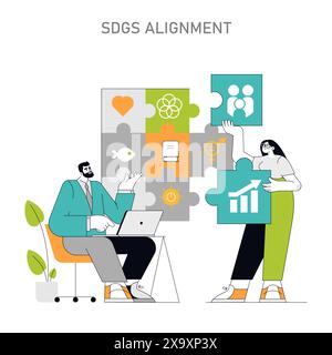 SDGs Alignment concept Professionals engaging with sustainable development goals for a resilient future Corporate integration of global eco-friendly objectives Vector illustration Stock Vector