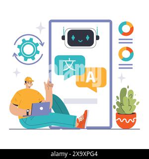 NLP in Action concept. A tech-savvy individual interacts with an advanced chatbot, showcasing the seamless blend of human and AI communication. Data analytics tools in play. Flat vector illustration Stock Vector