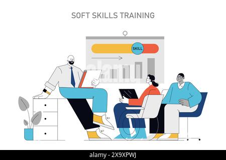 Soft Skills Training concept. Professionals attending a development workshop. Enhancing teamwork, communication, and leadership. Vector illustration. Stock Vector