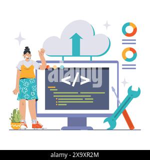 Platform as a Service concept. A developer interacts with PaaS interface for enhanced productivity and streamlined workflow. Cloud technology and programming visualization. Flat vector illustration Stock Vector