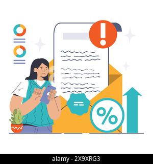 Financial Penalty concept. Worried woman reviewing a late fee notification on a mobile device with interest rate icons. Debt, penalties. Flat vector illustration Stock Vector