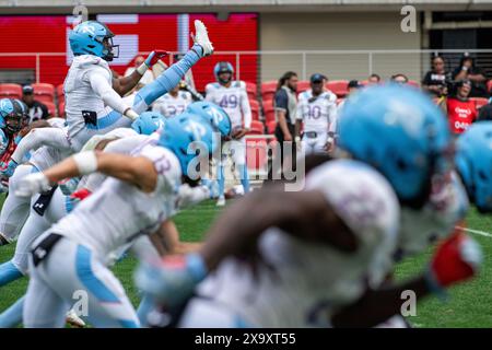 Washington, United States Of America. 02nd June, 2024. Renegades punter Marquette King kicks off following a safety. The D.C. Defenders lost to the Arlington Renegades 32-31 in Audi Field in Washington, DC, on June 2, 2024, in the season finale of the 2024 UFL season. (Photo by Zach Brien/Sipa USA) Credit: Sipa USA/Alamy Live News Stock Photo