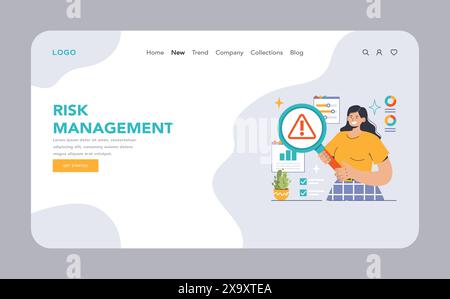 Risk Management concept. An enthusiastic professional engages in proactive risk assessment, magnifying potential issues, against a backdrop of data analysis and security checks. vector illustration Stock Vector